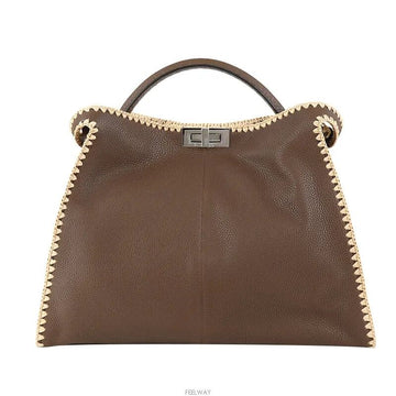 FENDI 8BN304 ピカブ エクスライト ラージ トートバッグ ブラウン シルバー 7682063954 141878451 [P]