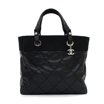 CHANEL Schwarze Stoffleder Biarritz MM Shopper mit Silber CC Tasche A34209 160264142 [P]
