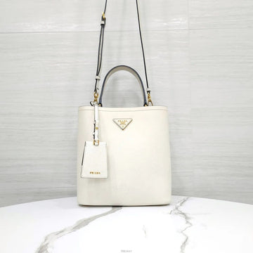 Prada Saffiano Leather Small Panier Tote Crossbody Bag White Black 1BA217 160265291 [P]