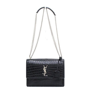 Saint Laurent Black Crocodile Embossed Medium Sunset Monogram Silver Chain Shoulder Bag Crossbody AA67902 160762250 [P]