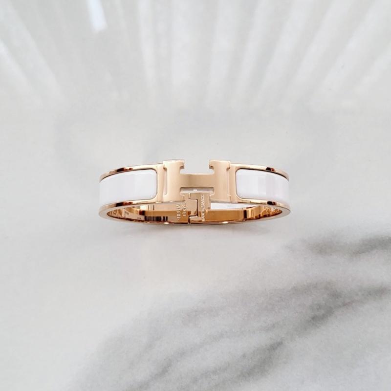 Hermes H Blanc Bangle Bracelet Rose Gold White PM H700001FO31