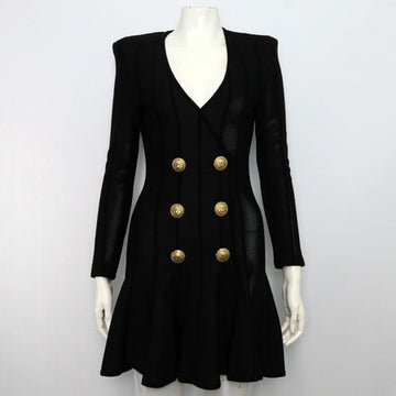 BALMAIN Schwarz gemischter Langarm Kleid mit goldenen Doppelknöpfen und Streifen Damenkleid aa62355 156027015 [P]